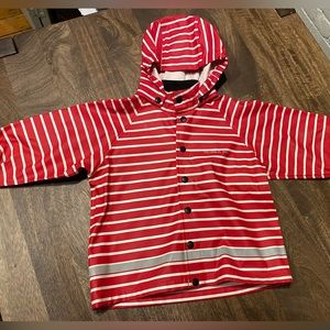 Swedish clothing brand Polarn O. Pyret red and white striped raincoat.